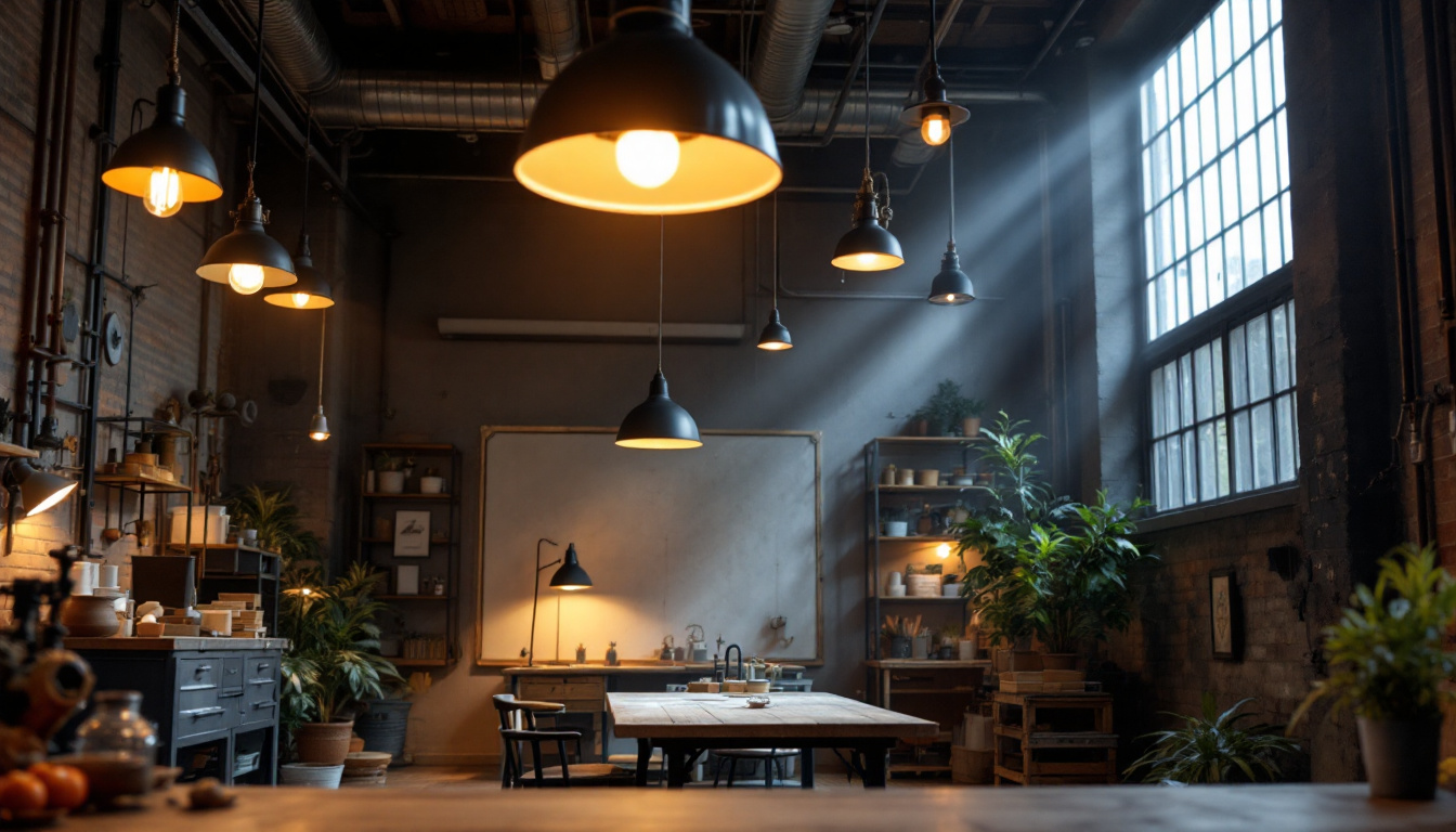 A photograph of a well-lit industrial workspace showcasing various types of industrial lighting fixtures in use