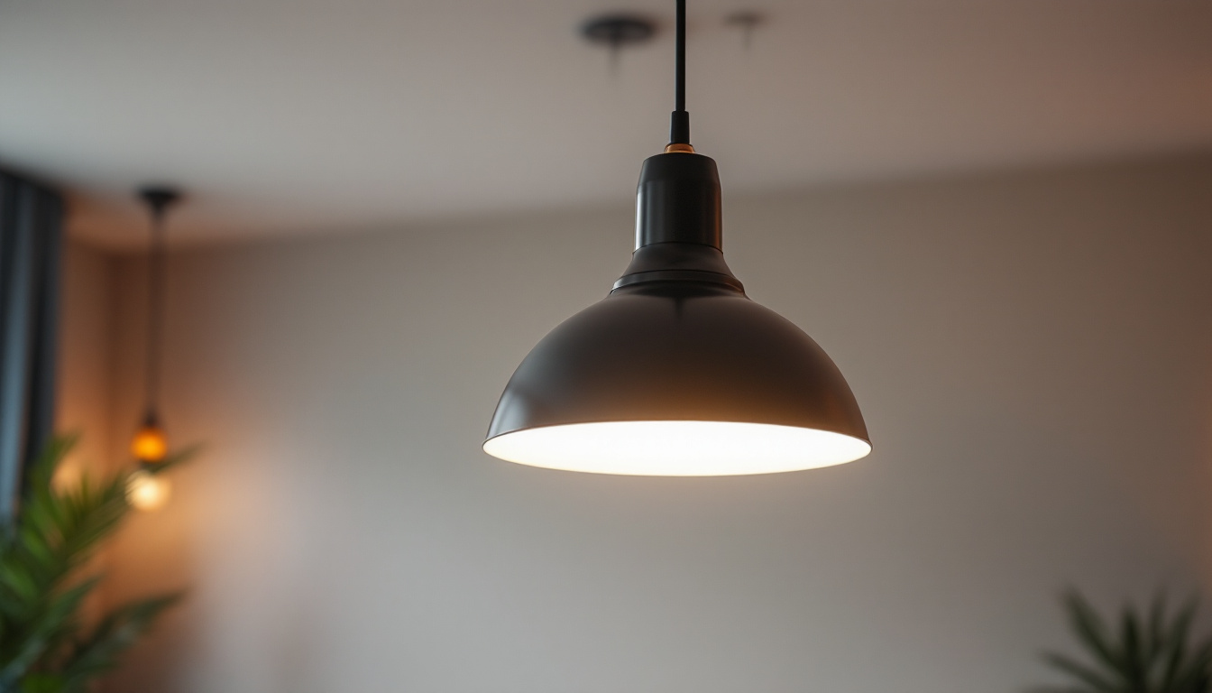 A photograph of a stylish drop ceiling lamp in a modern interior setting