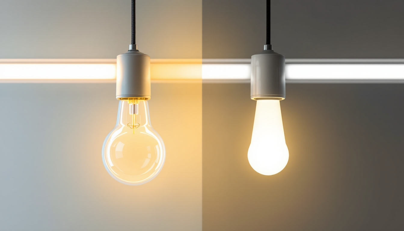 A photograph of a side-by-side comparison of a traditional fluorescent tube and a modern led replacement bulb installed in a well-lit setting