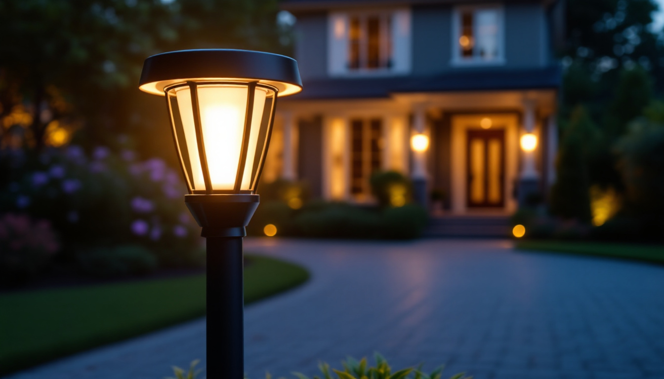 A photograph of a beautifully illuminated solar-powered driveway lamp at dusk