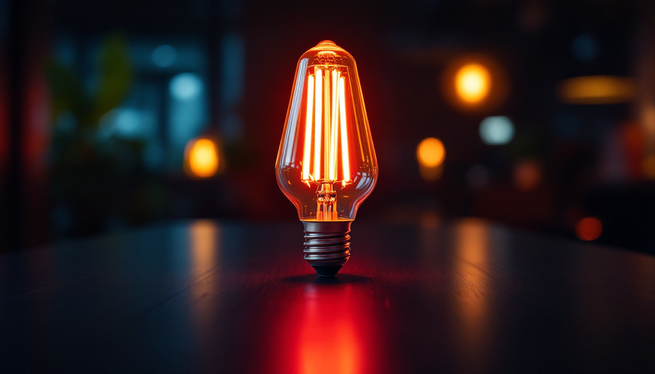 A photograph of a vibrant fluorescent light bulb in a modern setting