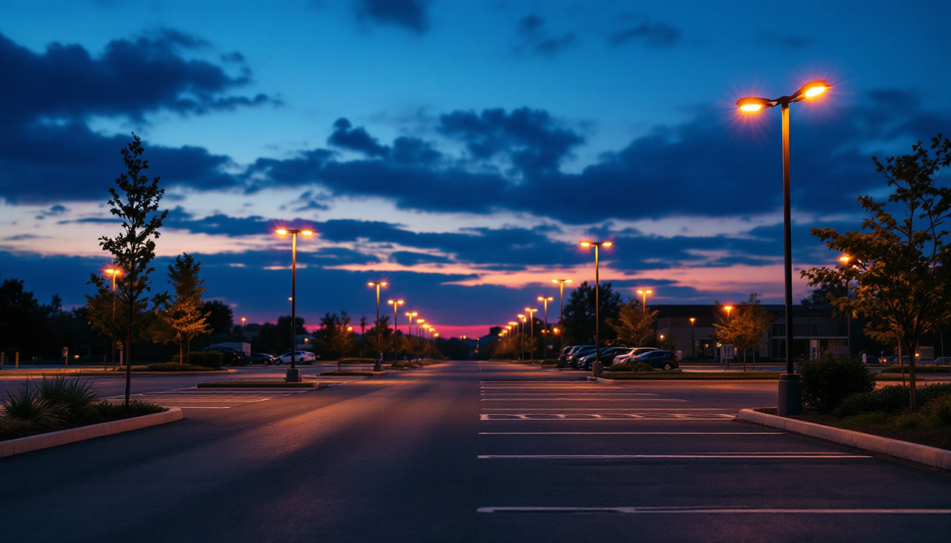 A photograph of a well-lit parking lot at dusk