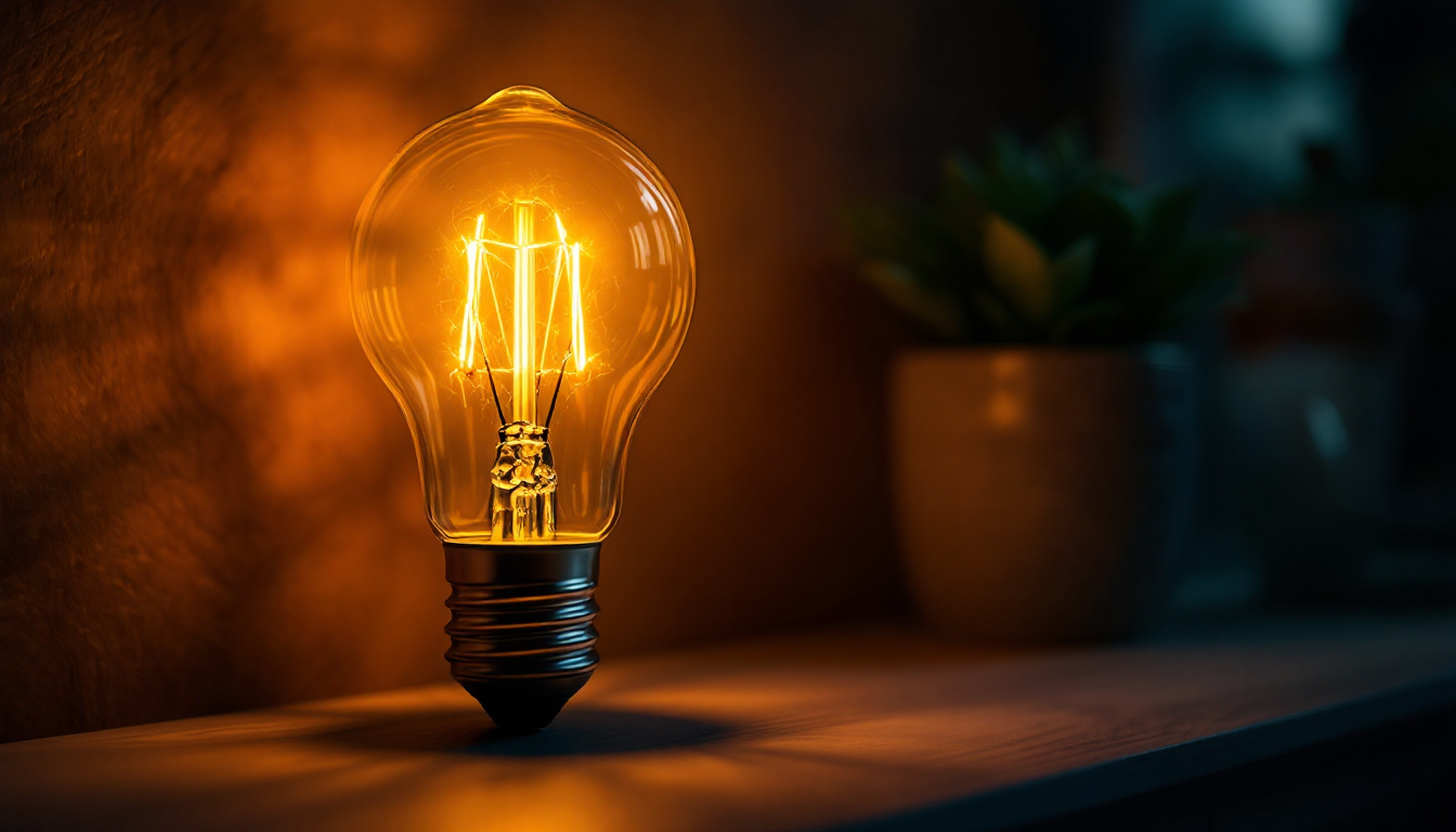 A photograph of a type b lamp bulb illuminated in a cozy