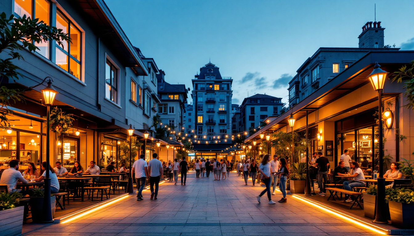 A photograph of a vibrant commercial outdoor space illuminated by led lighting at dusk