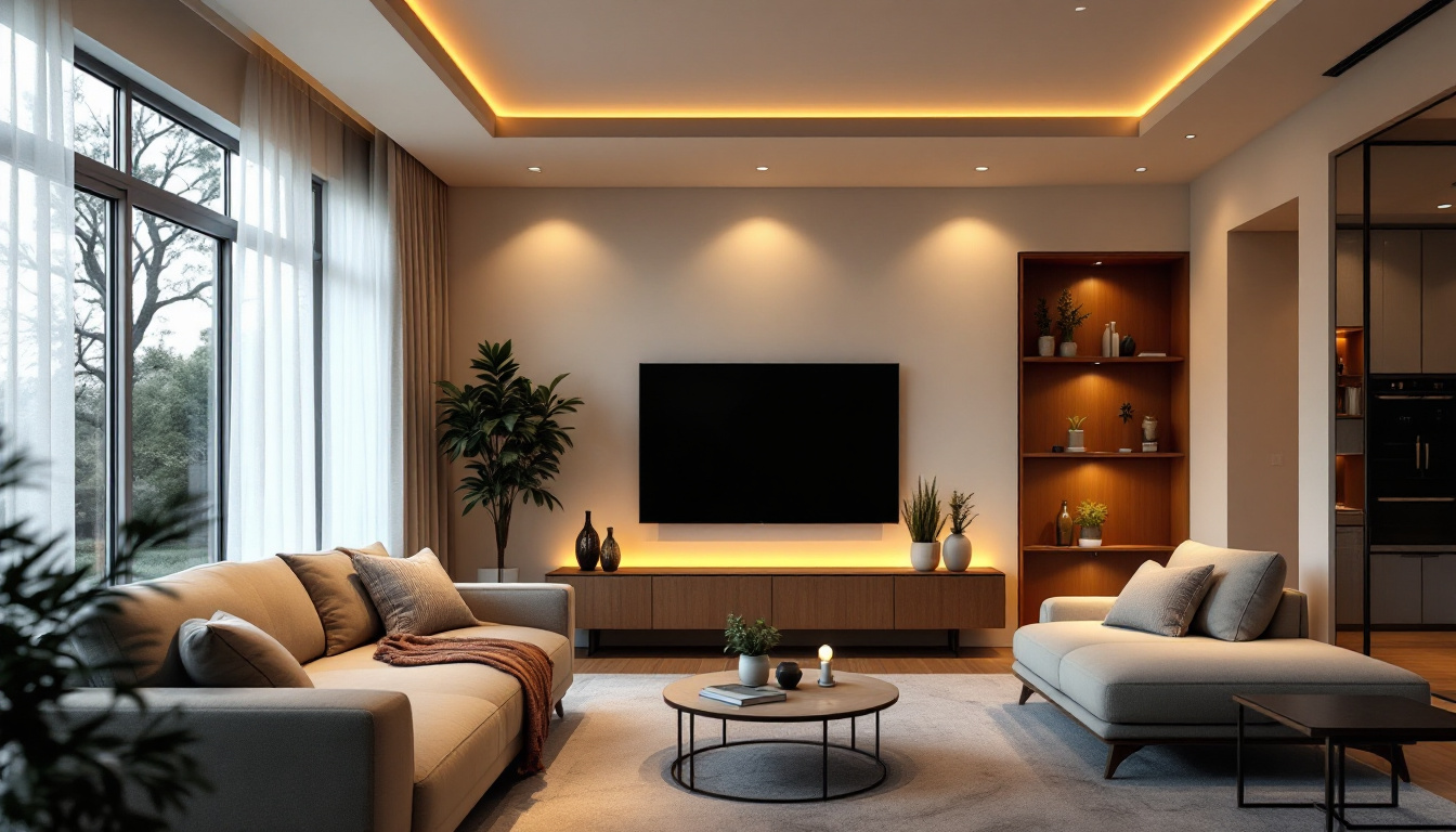 A photograph of a beautifully lit living room showcasing recessed lights with led bulbs