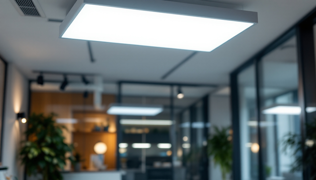 A photograph of a modern troffer lighting fixture installed in a well-lit office or commercial space
