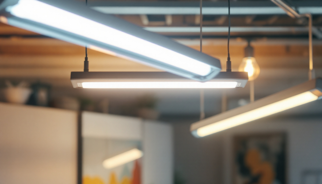 A photograph of a well-lit room featuring a set of 4 ft fluorescent bulbs in use