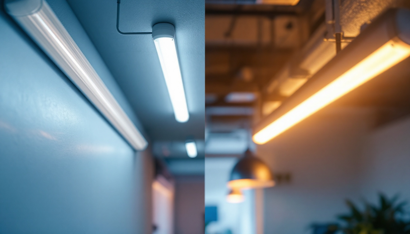 A photograph of a side-by-side comparison of a fluorescent tube and an led tube installed in a well-lit space