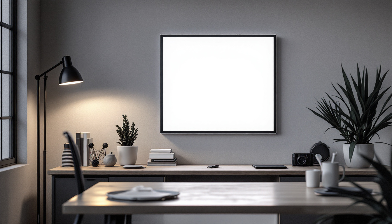 A photograph of a sleek 2x4 led panel illuminated in a modern workspace