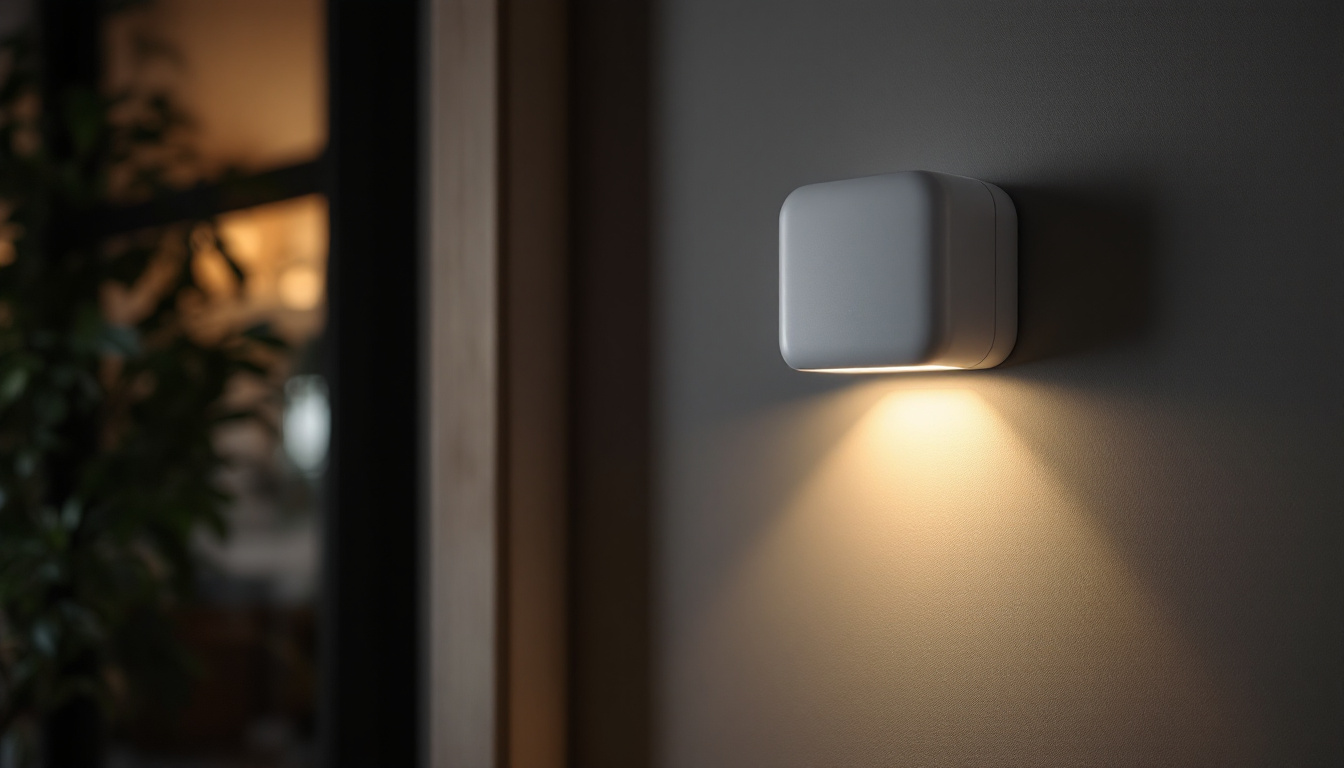 A photograph of a modern motion sensor light installed in a well-lit room