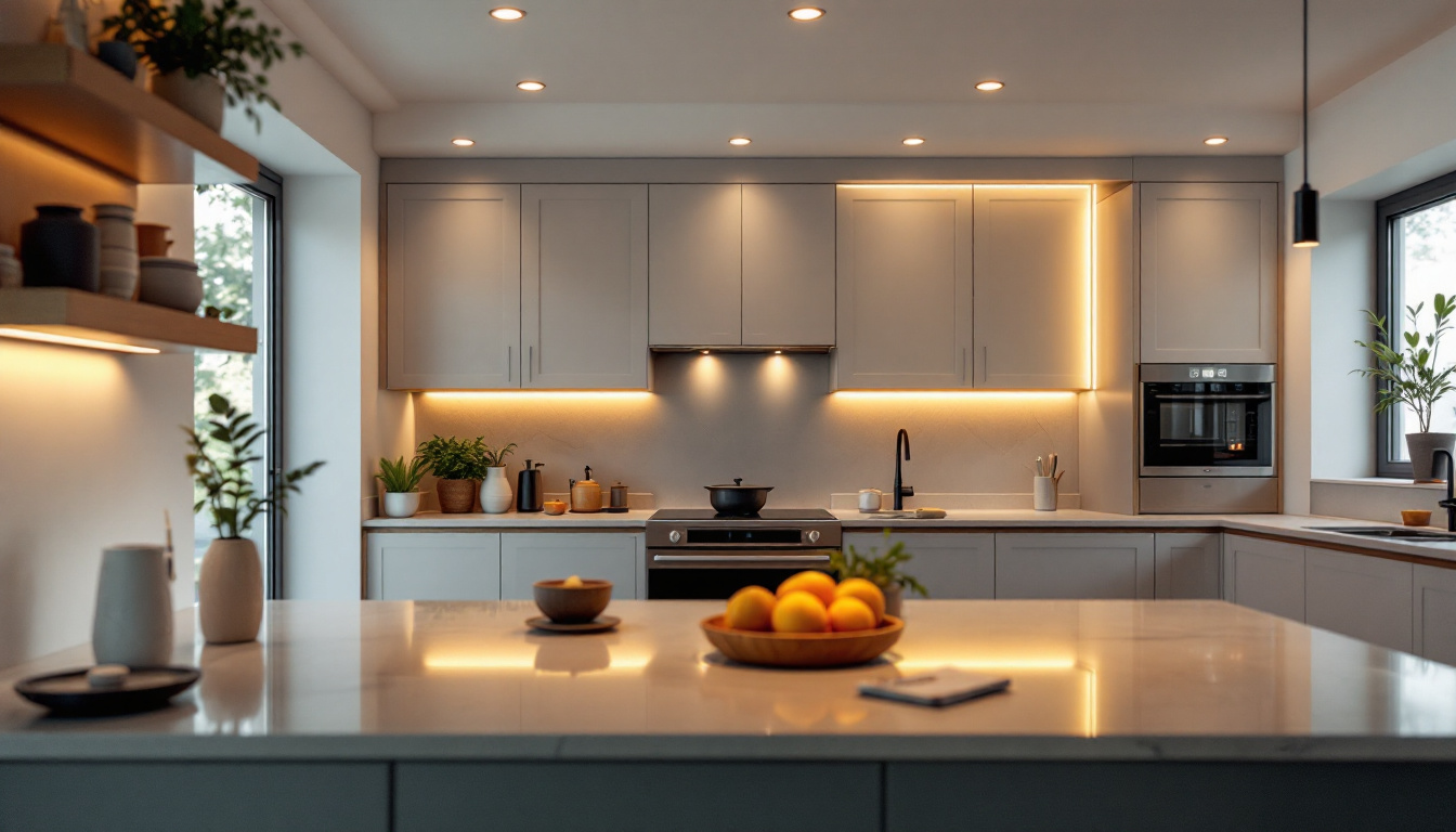 A photograph of a beautifully designed kitchen featuring stylish recessed lighting that highlights the space