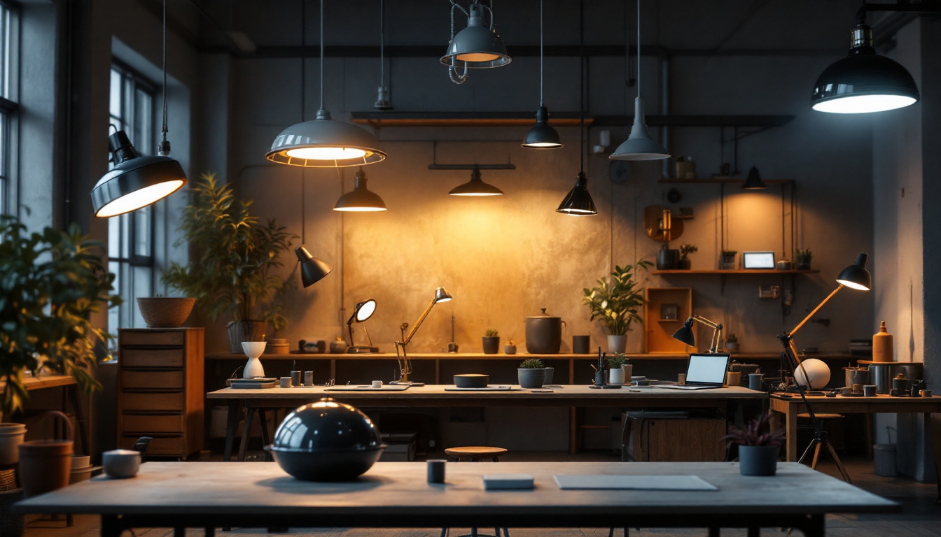 A photograph of a well-lit industrial workspace showcasing various types of industrial lighting products in use