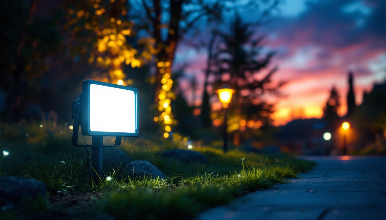 A photograph of a vibrant outdoor scene illuminated by flood lamp leds at dusk