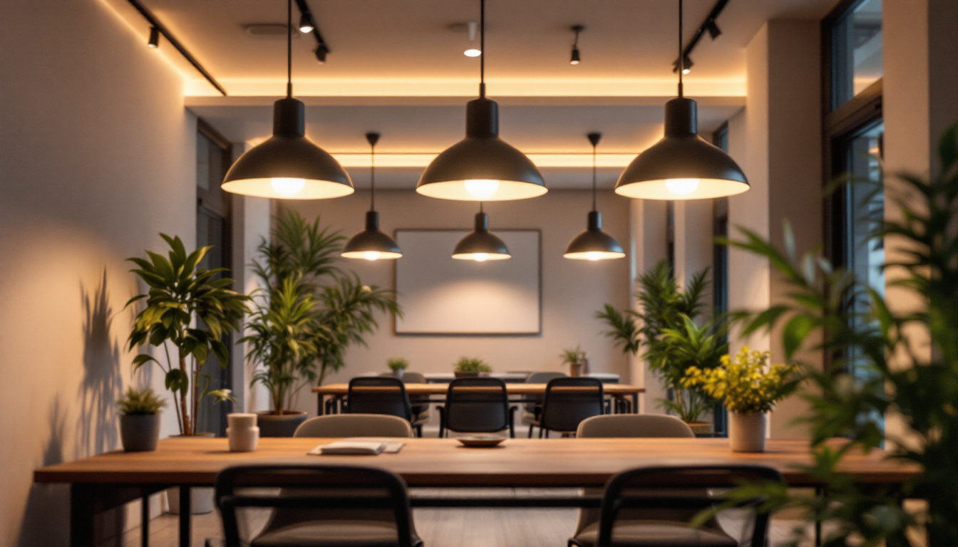 A photograph of a modern office space featuring stylish ceiling room lights that illuminate the area