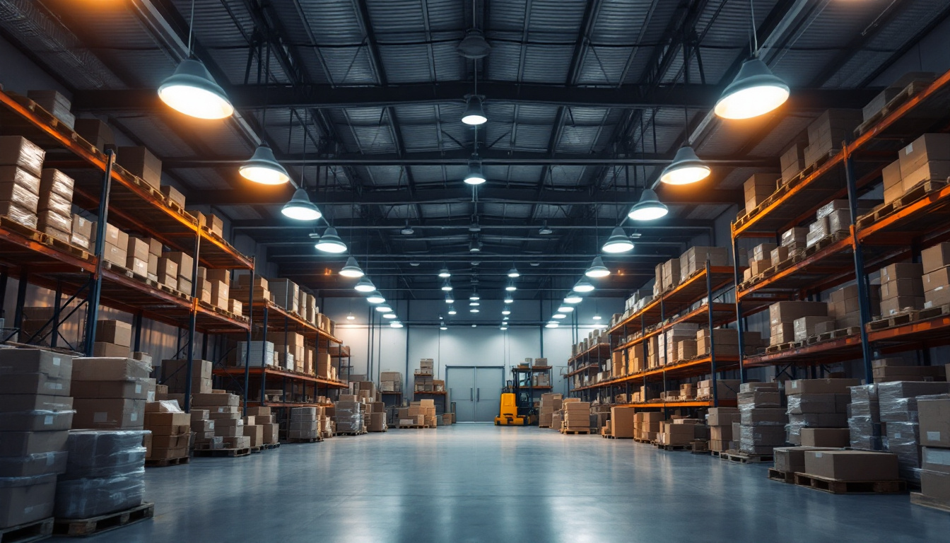 A photograph of a well-organized warehouse interior showcasing various types of lighting fixtures
