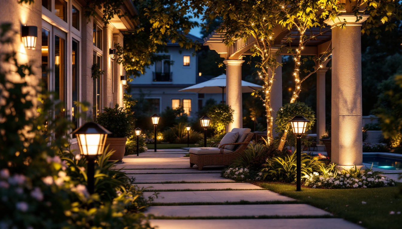 A photograph of a beautifully illuminated outdoor space featuring various styles of exterior solar lights in use
