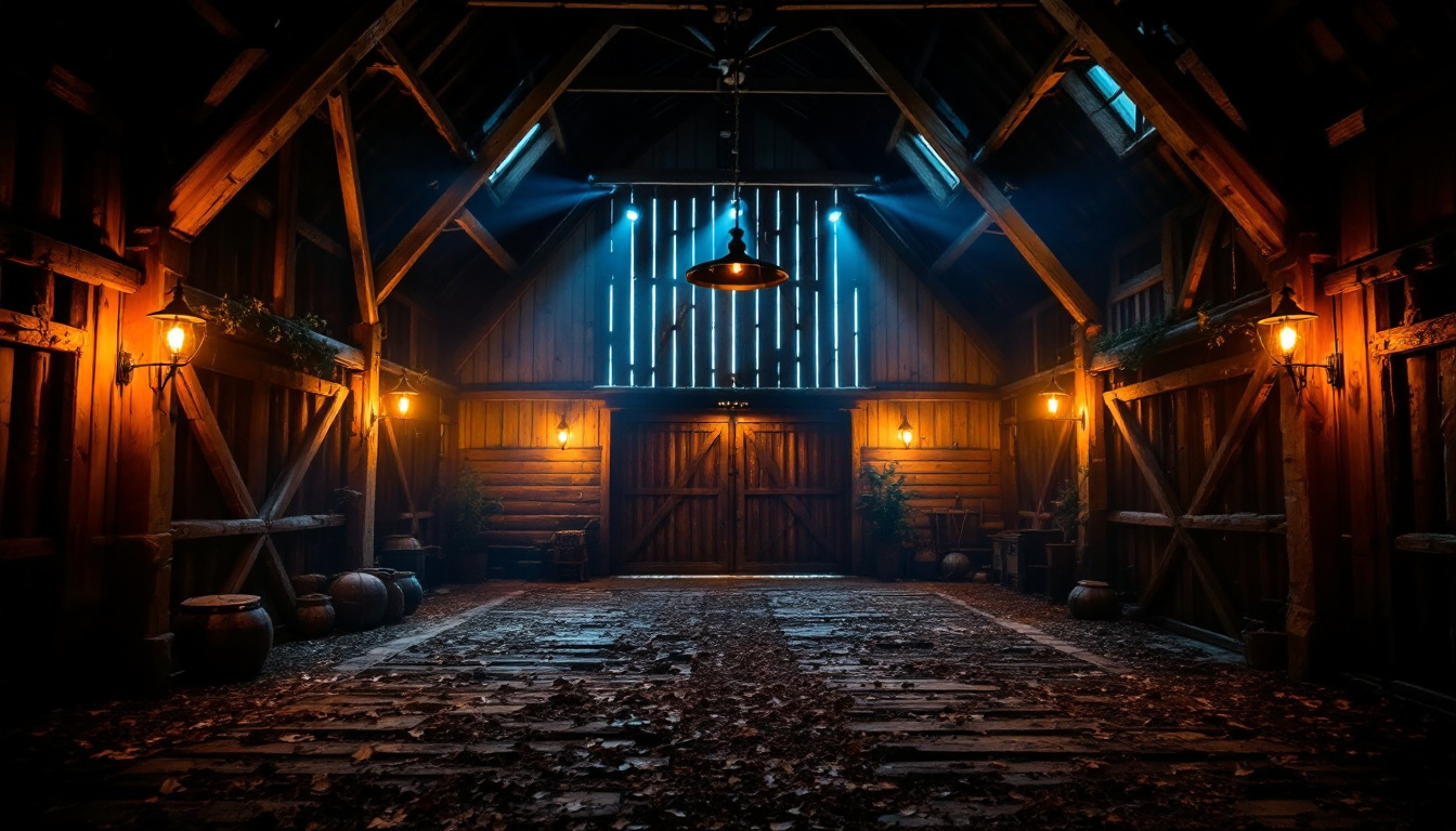 A photograph of a rustic barn interior illuminated by warm