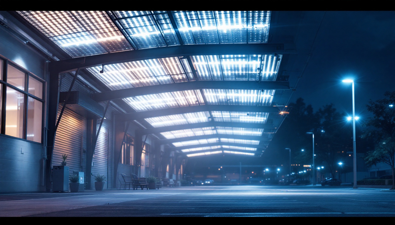 A photograph of capture a photograph of a well-lit outdoor space showcasing led canopy lights illuminating a commercial or industrial area