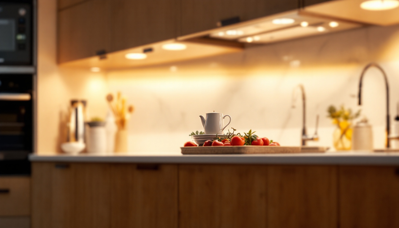 A photograph of a beautifully illuminated kitchen featuring sleek under-counter lights that highlight the countertops and create a warm