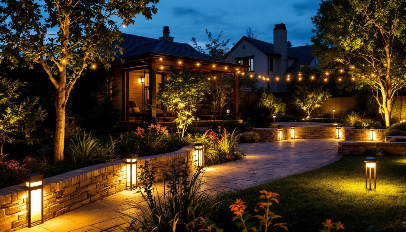 A photograph of a beautifully illuminated outdoor space featuring a variety of landscape lighting fixtures made in the usa