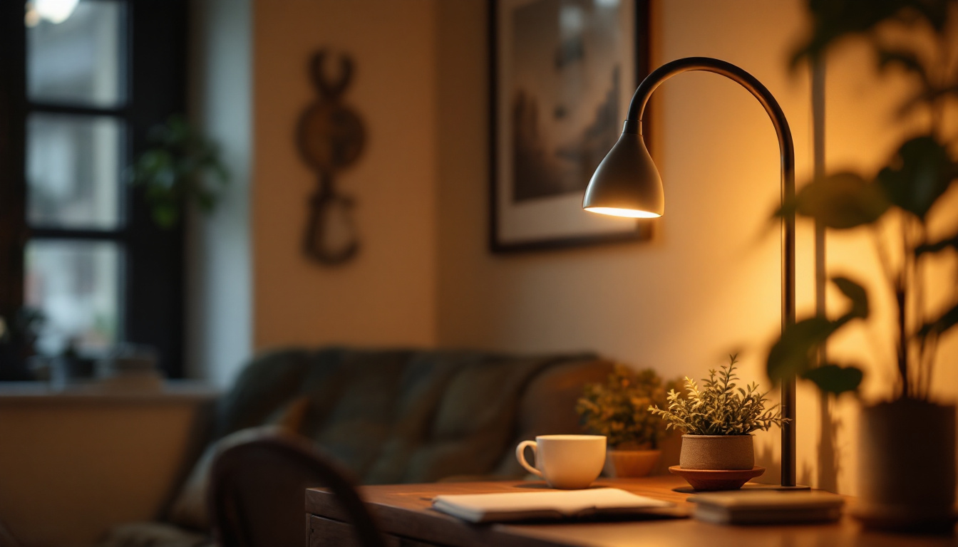 A photograph of capture a photograph of a stylish goose neck light fixture illuminating a cozy workspace or reading nook