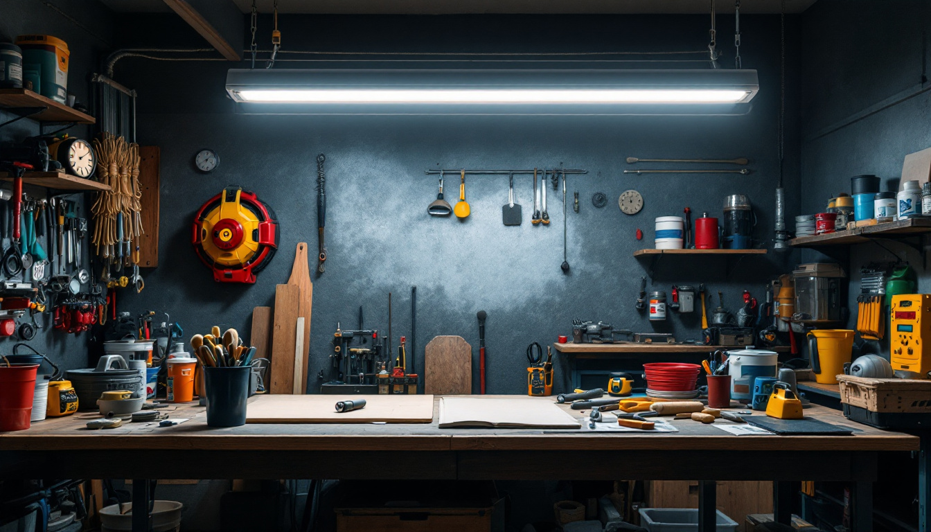 A photograph of a well-lit workshop or garage featuring a 4-foot led shop light fixture in action