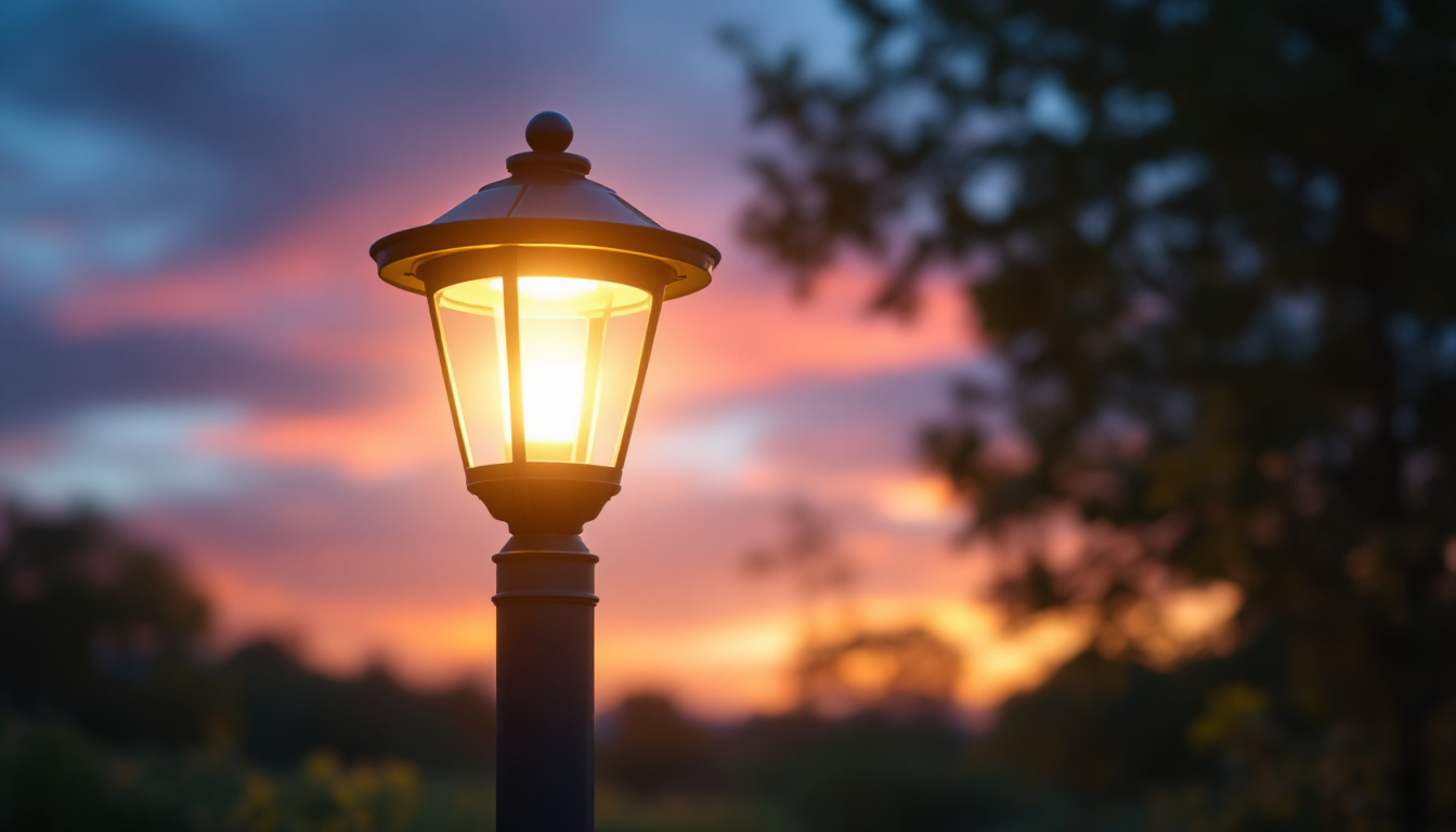 A photograph of a beautifully illuminated solar lamp post in a serene outdoor setting during twilight
