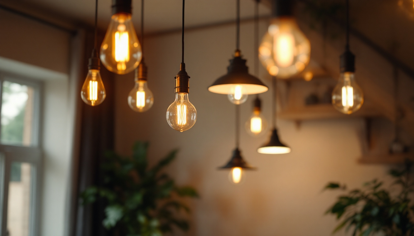 A photograph of a well-lit interior space showcasing a variety of light fixtures