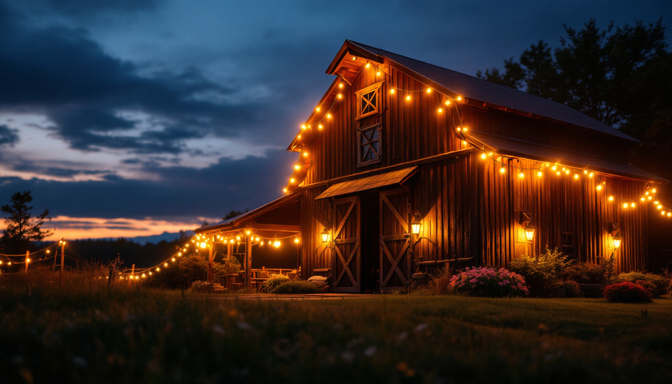 A photograph of a rustic barn illuminated by warm