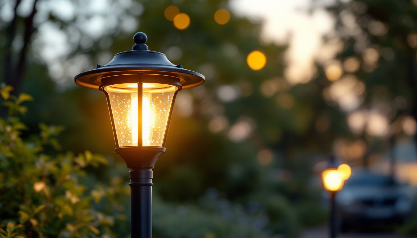 A photograph of a beautifully illuminated solar lantern light post in a serene outdoor setting during dusk