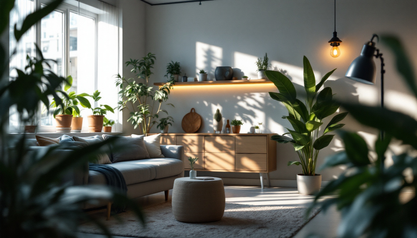 A photograph of a well-lit indoor scene showcasing the interplay of natural and artificial light sources