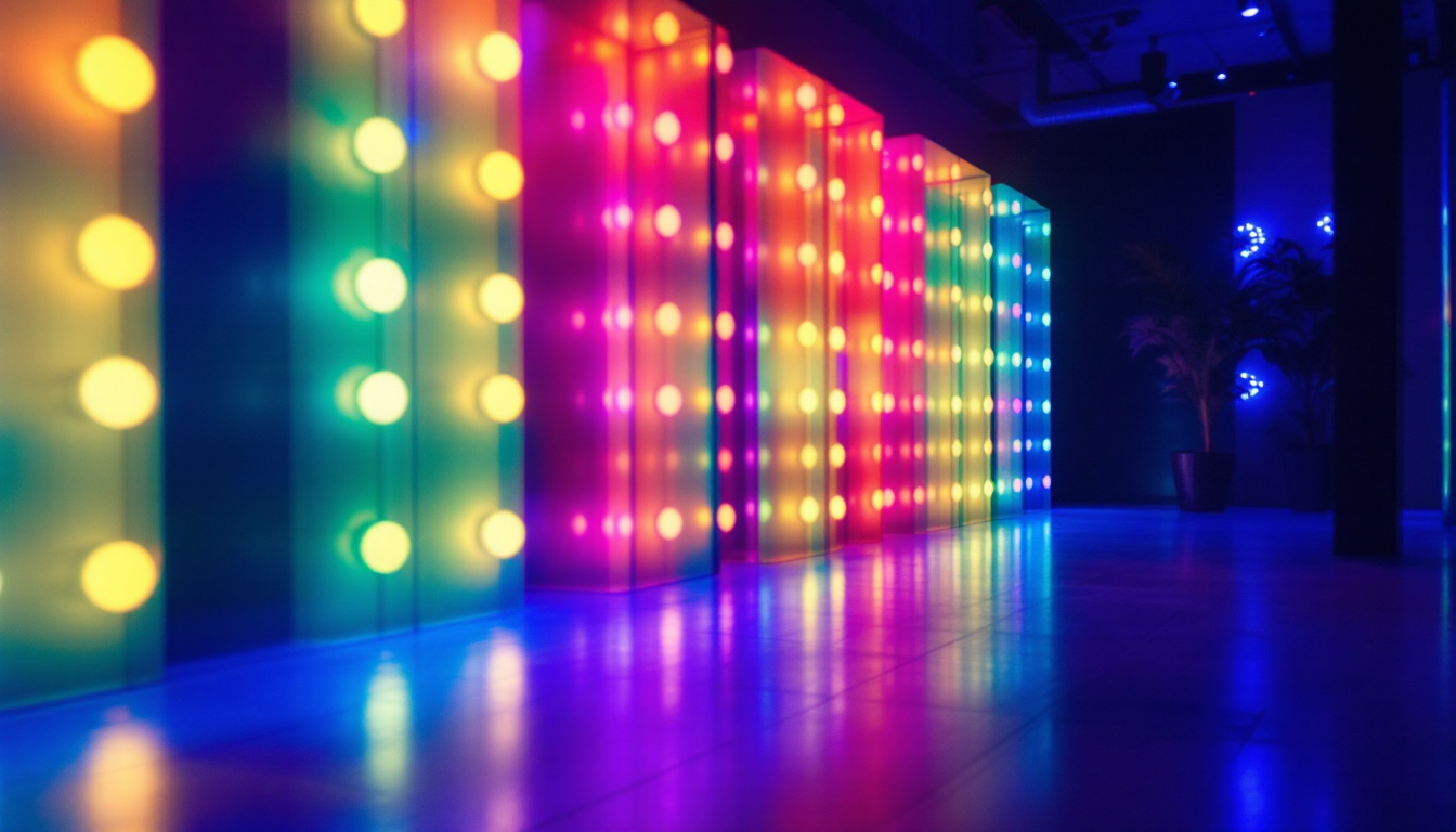 A photograph of a vibrant led light installation in a dimly lit environment