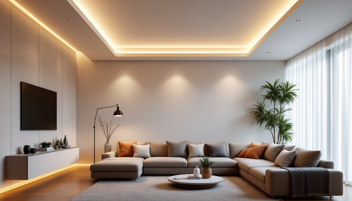 A photograph of a modern living space featuring recessed led ceiling lights