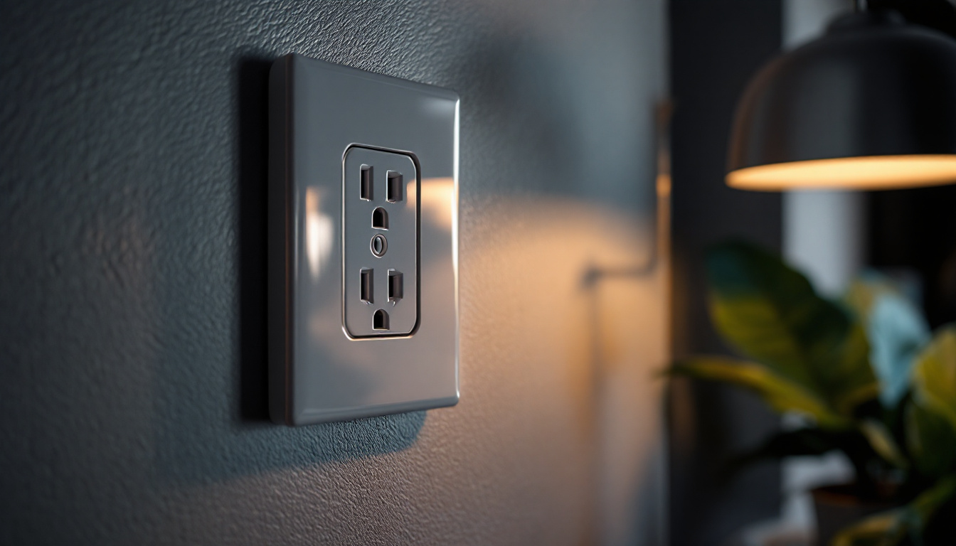 A photograph of a close-up view of a modern electrical wall outlet with ambient lighting that highlights its features