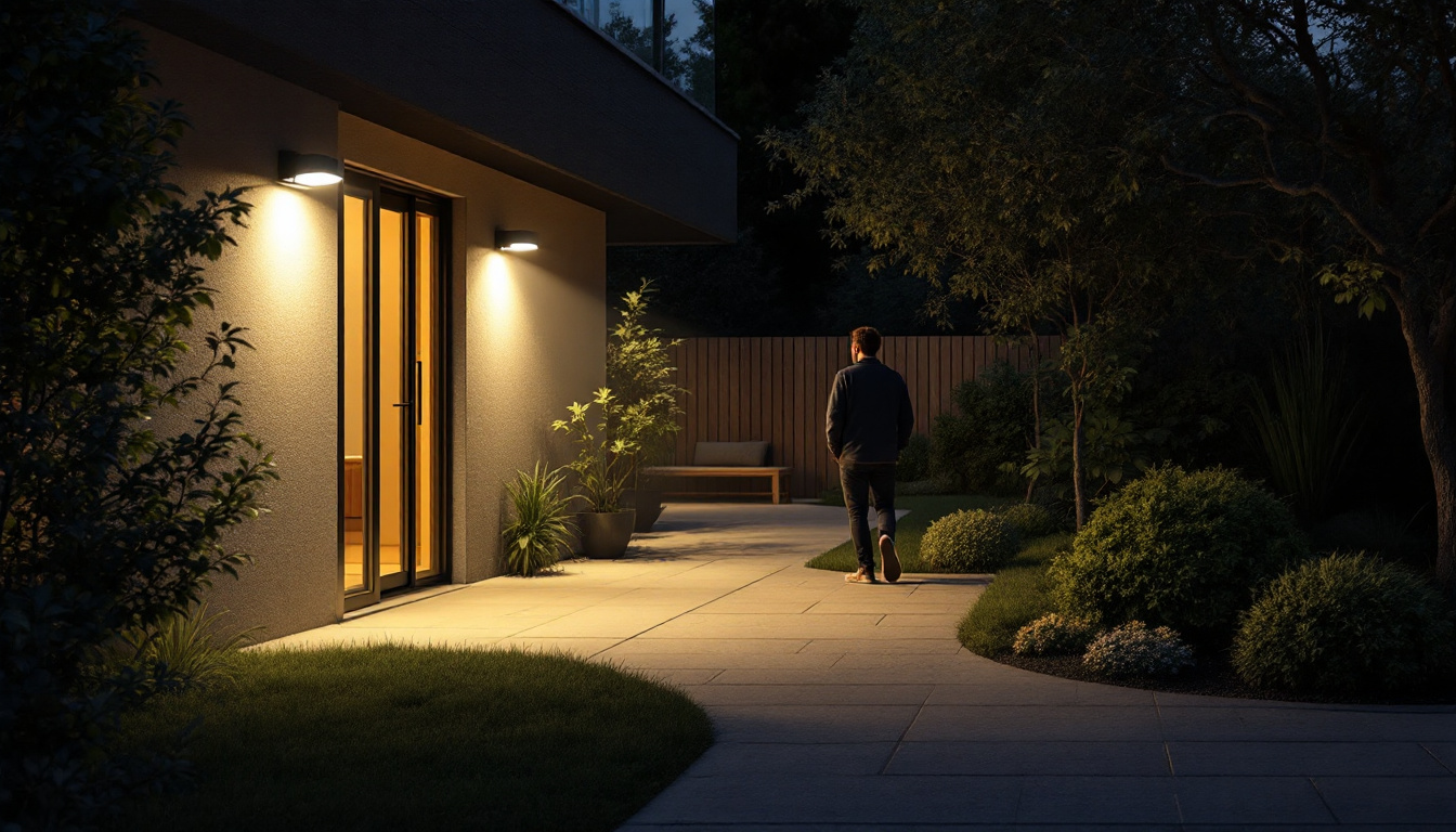 A photograph of a well-lit outdoor space showcasing a motion detector light in action