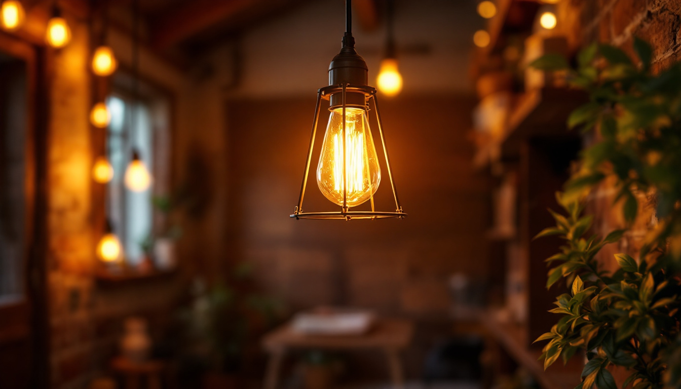 A photograph of a stylish barn light fixture illuminated in a rustic setting
