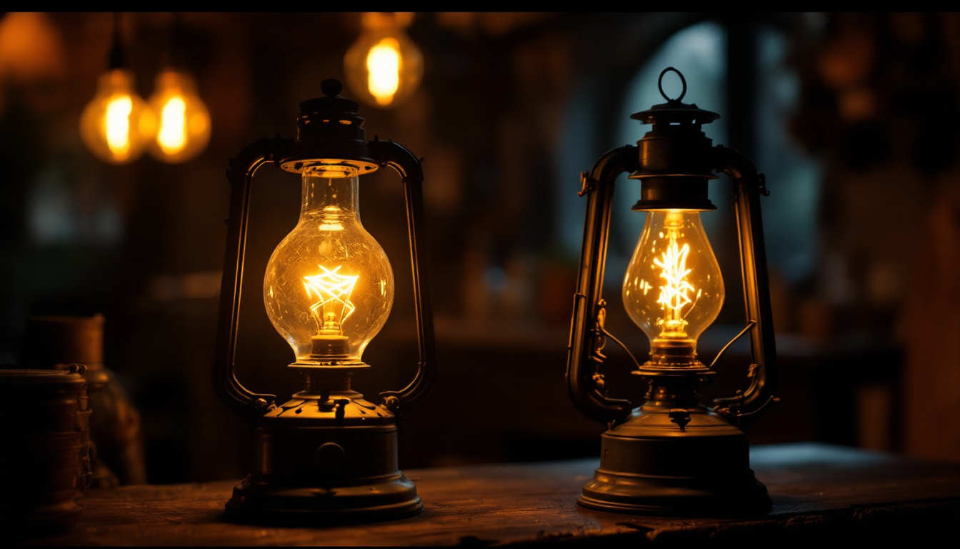 A photograph of a vintage-style gas lamp and an oil lamp side by side