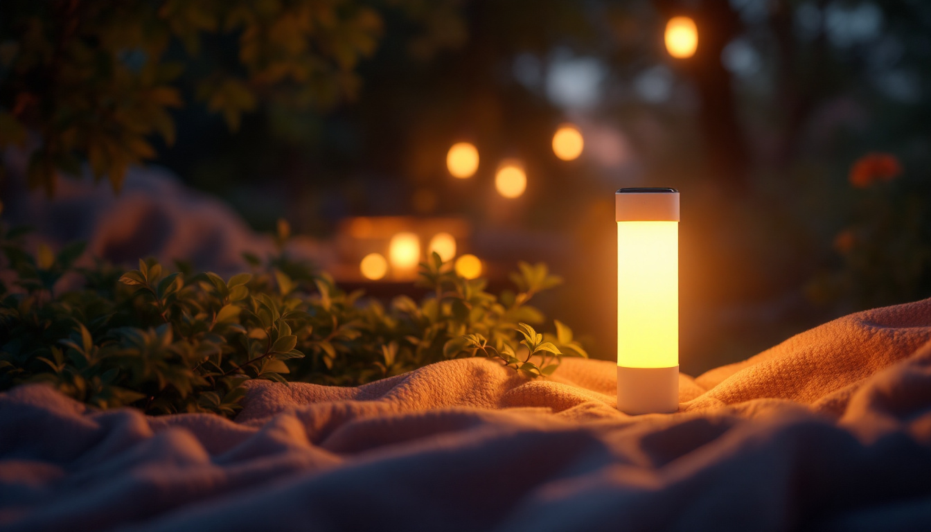 A photograph of a beautifully designed solar led lamp illuminating a cozy outdoor setting at dusk