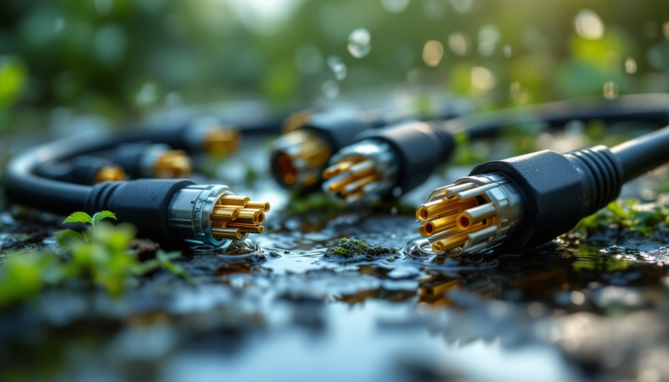 A photograph of a close-up of various waterproof outdoor wire connectors in a natural outdoor setting