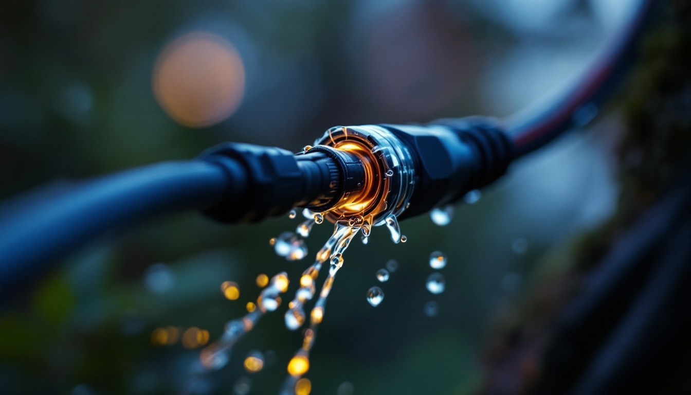 A photograph of a close-up shot of a waterproof outside wire connector in use