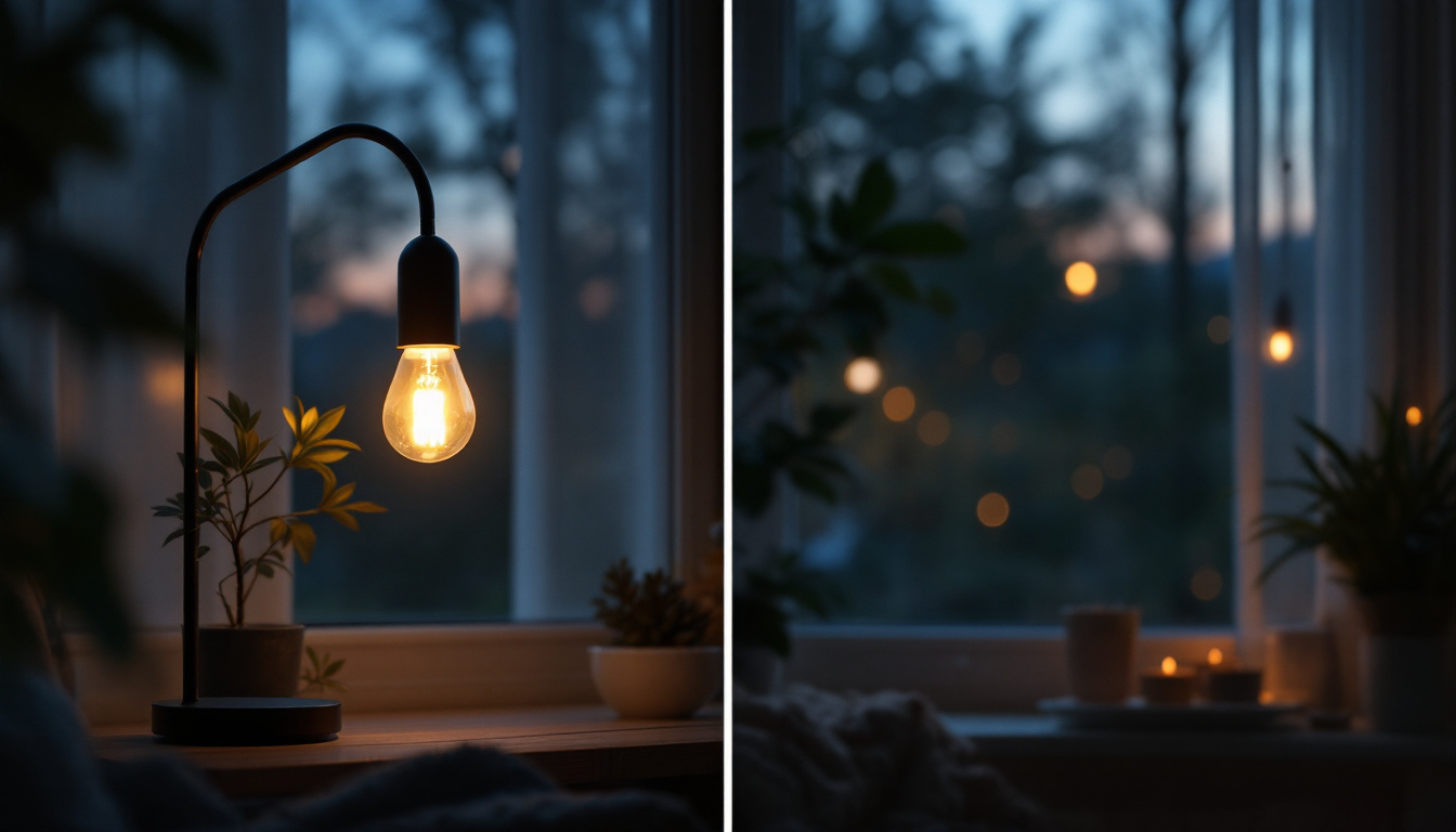 A photograph of a beautifully designed lamp illuminating a cozy indoor space during both dawn and dusk