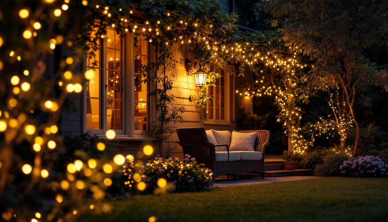 A photograph of a beautifully illuminated outdoor space featuring various styles of led lights adorning a house