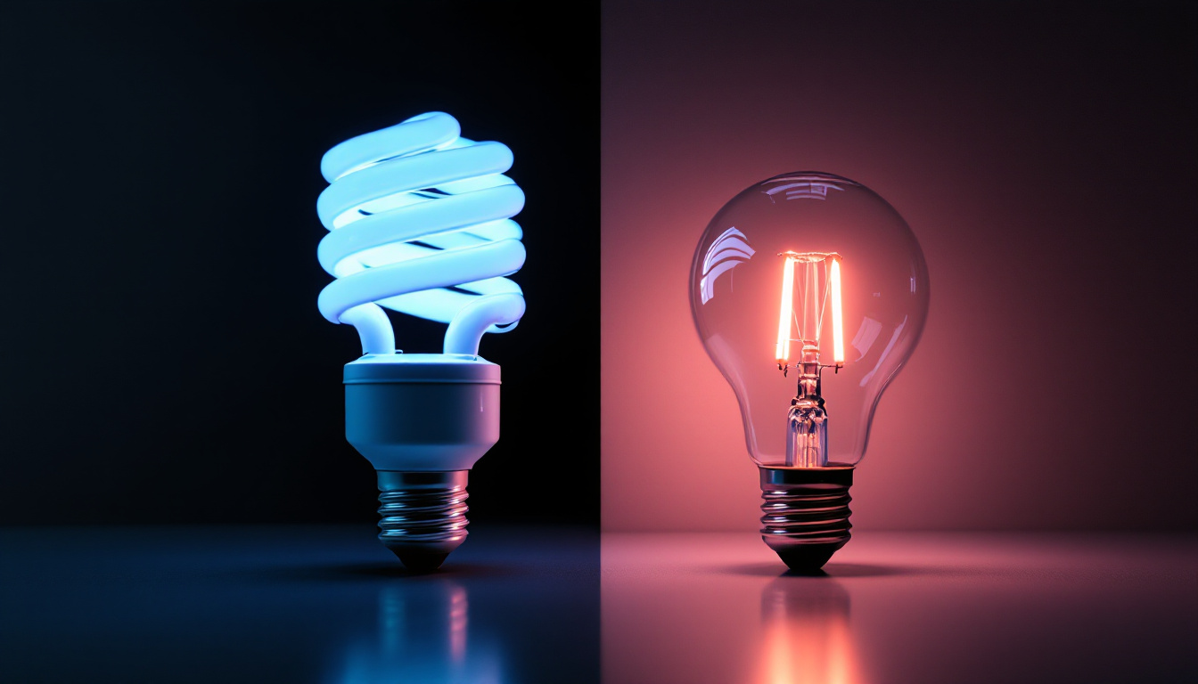 A photograph of a side-by-side comparison of a fluorescent light bulb and an led light bulb