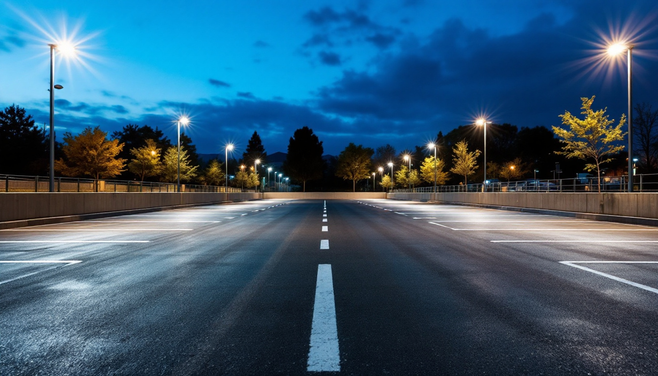 A photograph of a well-lit parking lot at dusk
