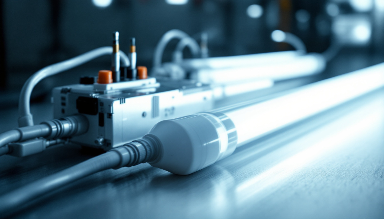 A photograph of capture a photograph of a t8 ballast alongside t8 fluorescent tubes in a well-lit setting