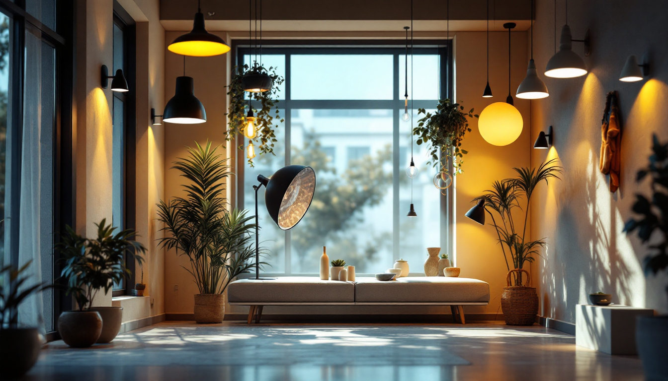 A photograph of a beautifully lit interior space showcasing various lighting fixtures in use