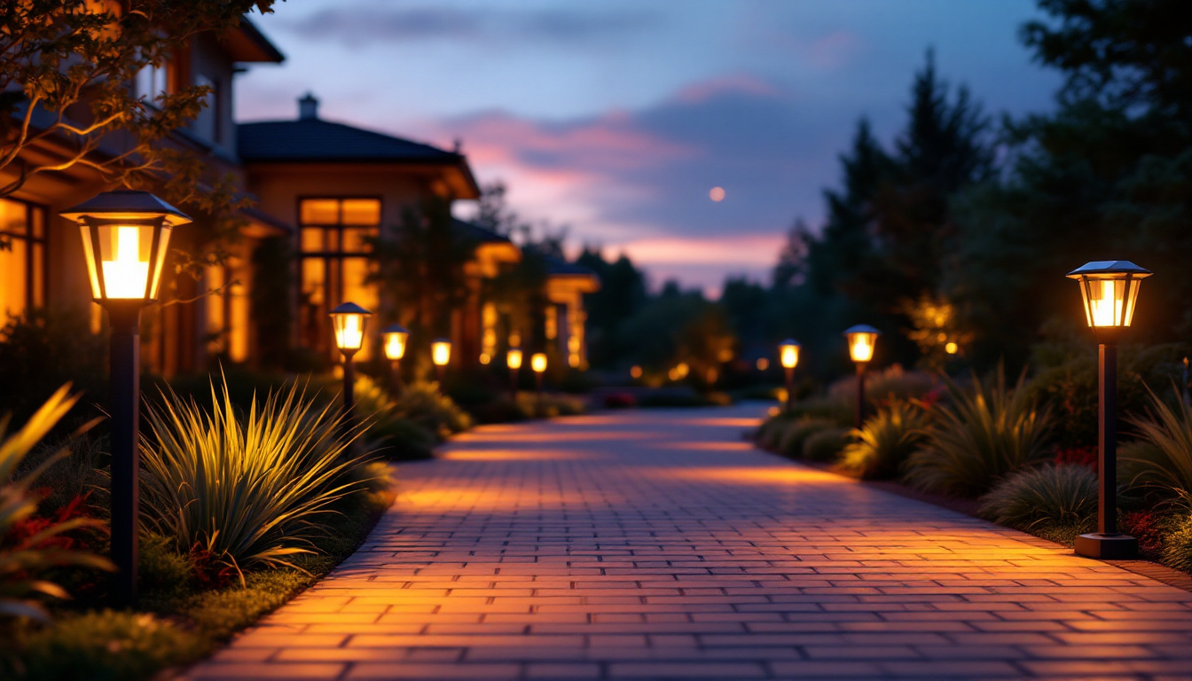 A photograph of a beautifully illuminated driveway featuring stylish solar light posts