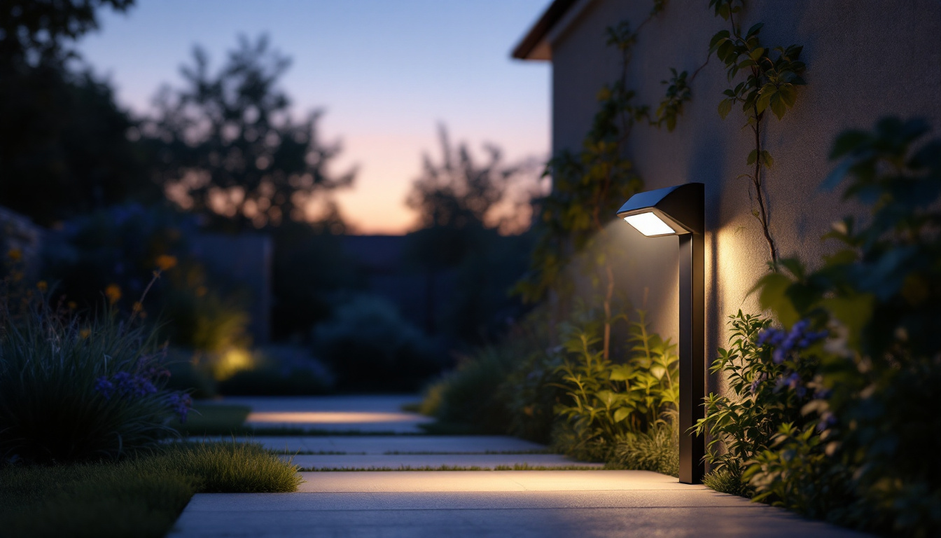 A photograph of capture a photograph of an outdoor setting at dusk featuring an led motion sensor light illuminating a pathway or garden area