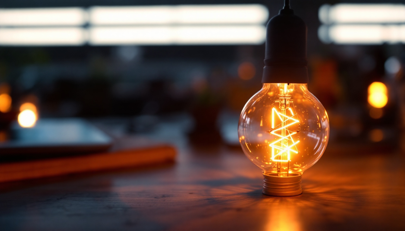 A photograph of a close-up of a glowing fluorescent light bulb in a modern setting