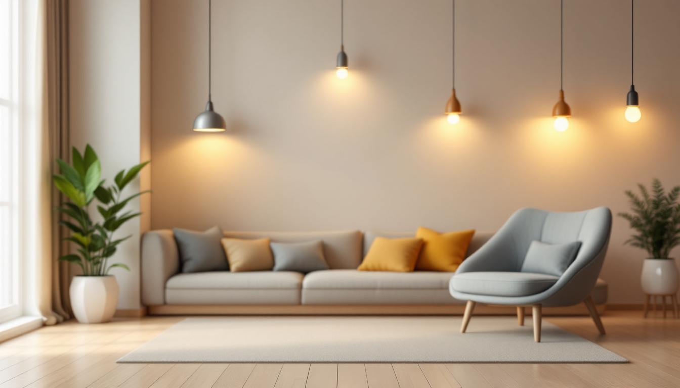 A photograph of a well-lit indoor space showcasing various energy-efficient lighting fixtures
